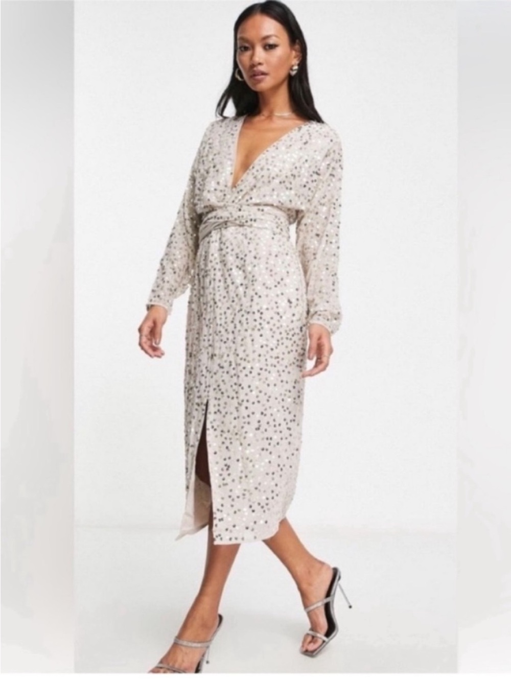 ASOS Sequin Wrap Midi Dress in Champagne Size 10